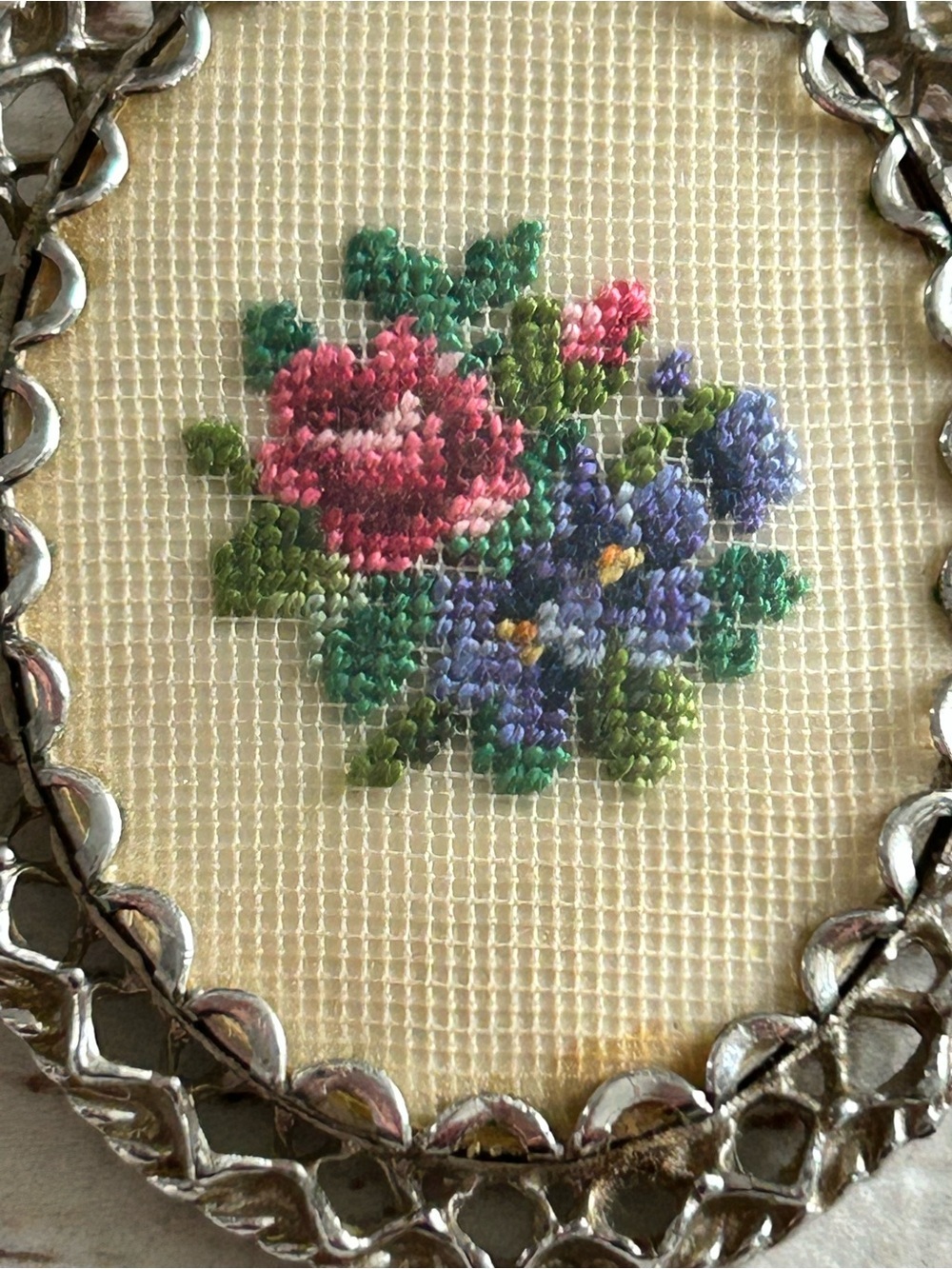 Handcrafted Pink & Purple Floral Cross-Stitch brooch